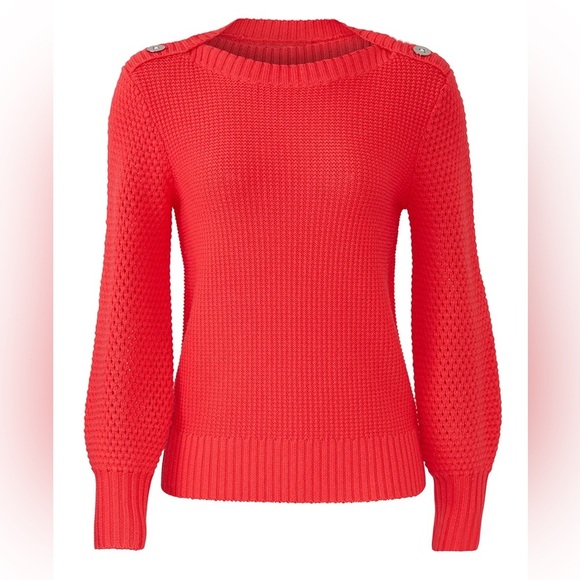 Trina Turk Women Red Boat Neck Button Long Sleeve Merino Wool Paris Sweater S - Picture 2 of 9